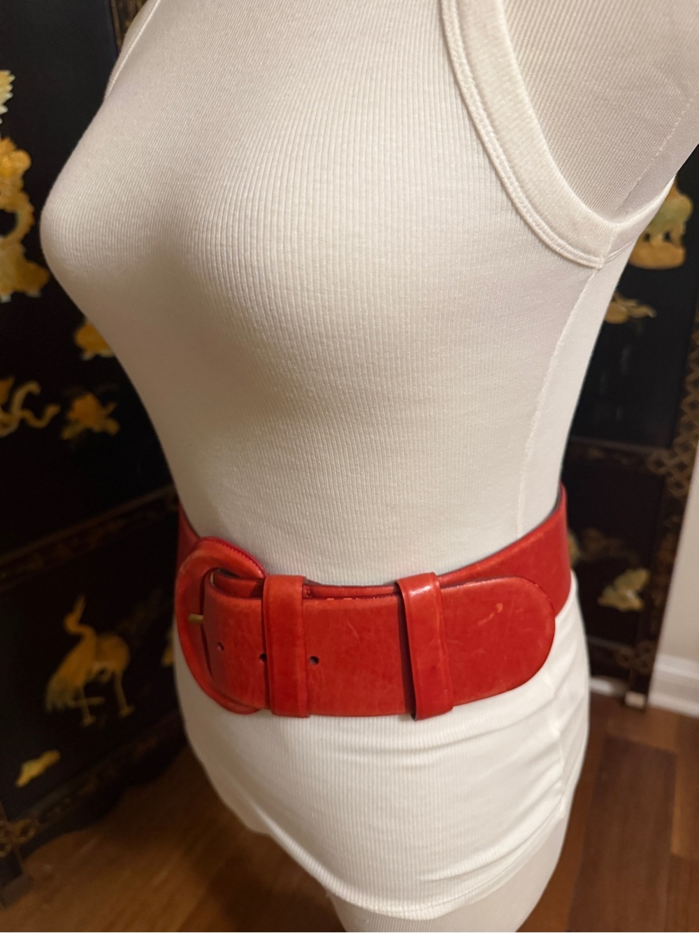 Vintage Donna Karan Wide Red Soft Leather Waist Belt with Statement Buckle